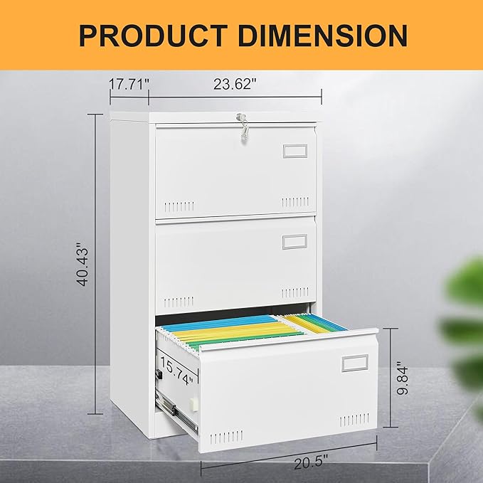 GREATMEET 3 Drawer Lateral File Cabinet,Storage Large File Cabinets,White File Cabinet 3 Drawer for Home Office,Metal Lateral Filing Cabinet for Letter/Legal/F4/A4 Size,Easy Assemble
