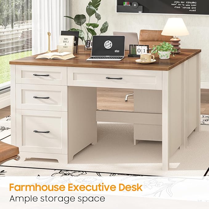 Vabches Farmhouse 47" Executive Desk with File Drawer, Workstation for Home Office, Study, Writing,Wood Computer Desk with 3 Storage Drawers. Writing.
