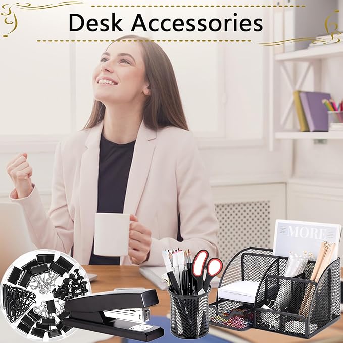 Office Supplies,Desk Accessories,Stapler and Tape Dispenser Set,1000 Staples,Staple Remover,Pen Holder,Folding Phone Holder,Journal Notebook,Ballpoint Pen,Scissor,Ruler,Clear Tape,Sticky Notes,Ect