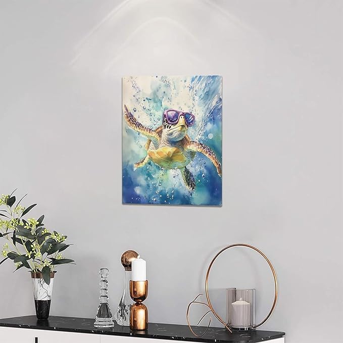 Sea Turtle Bathroom Decor Funny Turtle Ocean Bathroom Wall Art Sea Turtle Nautical Pictures Prints Turtles Gift Painting Sea Turtles Framed Artwork for Bedroom Living Room 12"x16"