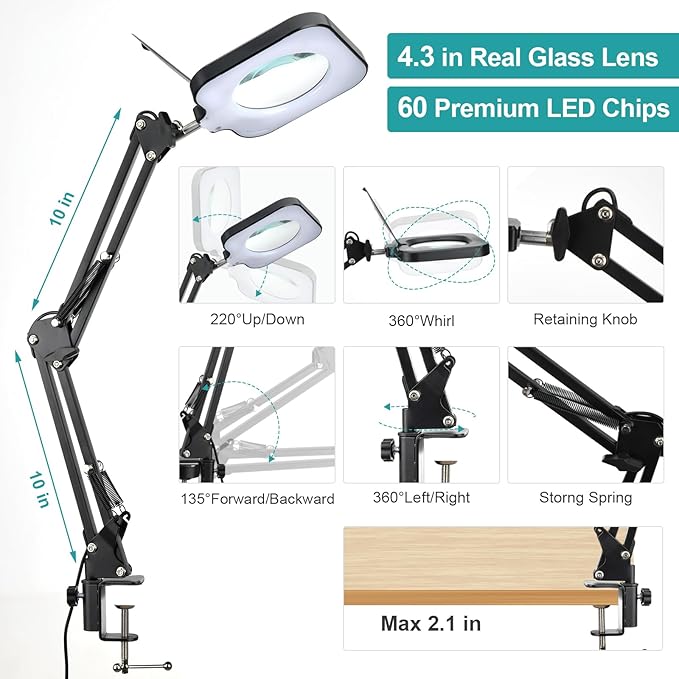 10X Magnifying Glass with Light and Stand, Real Glass LED Lighted Magnifier, 5 Color Modes Stepless Dimmable, Hands-Free Desk Lamp with Clamp for Kids, Women, Reading Craft, Hobby Close Work