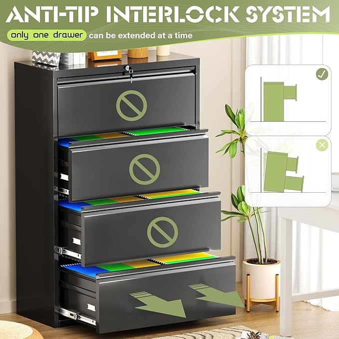 Incbruce 4 Drawer Lateral File Cabinet with Lock, 28" W Under Desk Filing Cabinet Filing Cabinets for Home, Office, Fit A4/F4/Letter/Legal File (Black)
