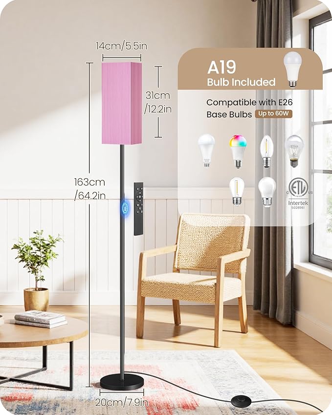 64.2” Dimmable Floor Lamp for Living Room with Remote and Foot Switch, Corner Floor Lamp for Bedroom, Includes 10W A19 Bulb, Modern Standing Tall Lamp, ETL Listed Pink and Black P17LD05