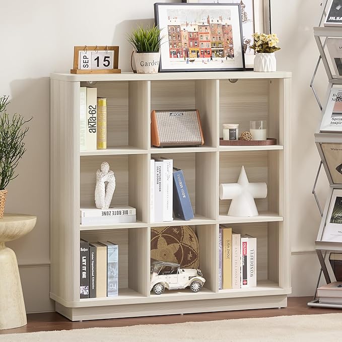 9 Cube Storage Book Shelf, 41" Tall Organizer Bookcase with Curved Edge, Wood Floor Standing 3-Tier Cubby Bookshelf with Base, Vintage Display Book Case for Bedroom,Office,White-Grey Cream Oak
