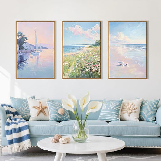 Aryroi Spring Pink Blue Coastal Wildflower Framed Canvas Wall Art Set,Watercolor Preppy Pastel Floral Sailboat Seascape Decor,Dreamy Colorful Soft Sunrise Beach Artwork for Living Room,Farmhouse- 16"x24"x3