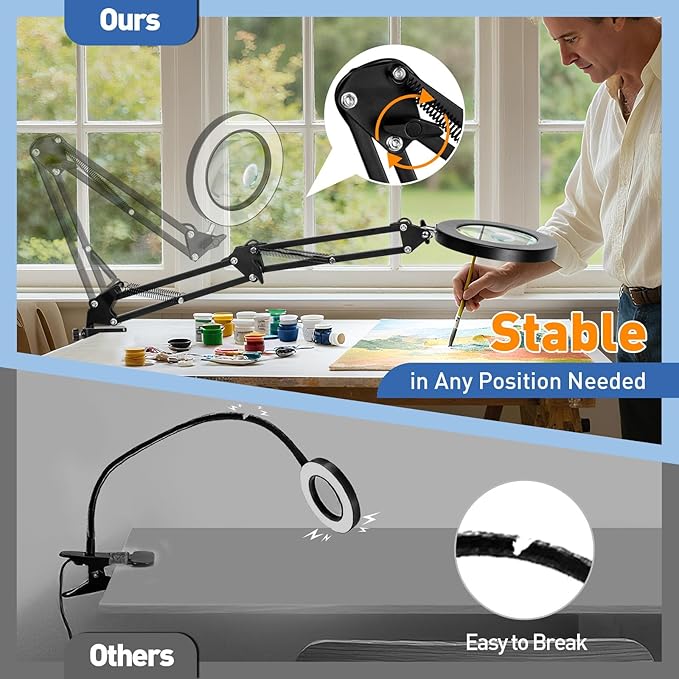 HITTI 30X & 10X Magnifying Glass with Light, 1800 Lumens Stepless Dimmable, 3 Color Modes, 4.2″ Real Glass Lens LED Desk Lamp with Clamp, Magnifier Light and Stand for Craft Reading Jewelry-Black