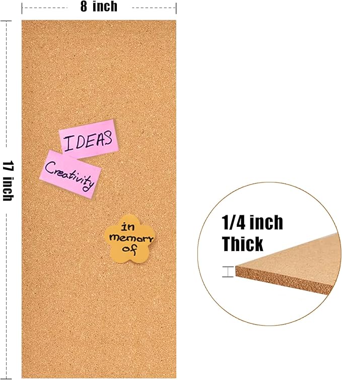 17x8 Cork Tiles, 1/4" Thick Self-Adhesive Vision Board for Home, Office, School (6mm, 4pc)