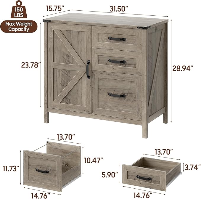 Farmhouse Lateral Filing Cabinet, Lateral File Cabinet with 3 Drawers and Storage Cabinet Wooden Printer Stand with File Drawer for Letter/A4 Size Hanging File for Home Office, Rustic Grey