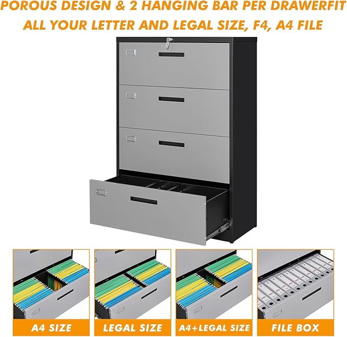 Lateral File Cabinet with Lock, 4 Drawer Metal Filing Cabinet, Lateral Filing Cabinet with Lock for Home Office, Locking Metal Steel Wide File for Legal/Letter A4 Size
