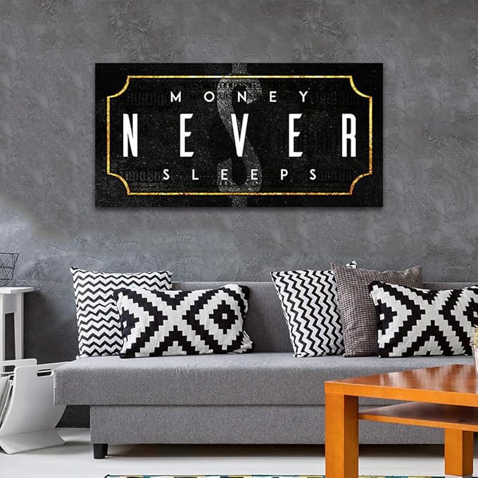 Large Size Canvas Painting Money Never Sleeps Posters and Prints Motivational Office Home Wall Decoration Pictures HD Print for School Coffee Shop, Framed 48" W x 24" H