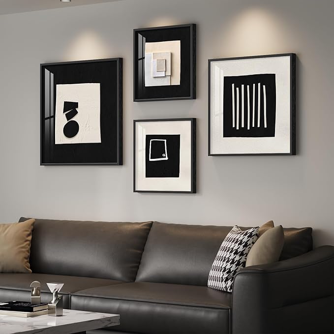 4 Piece Framed Modern Black and White Wall Art for Living Room, Large Abstract Minimalist Geometric Artworks for Walls, Bright Style Picture Prints Paintings for Dining Room Hallway Office Wall Decor