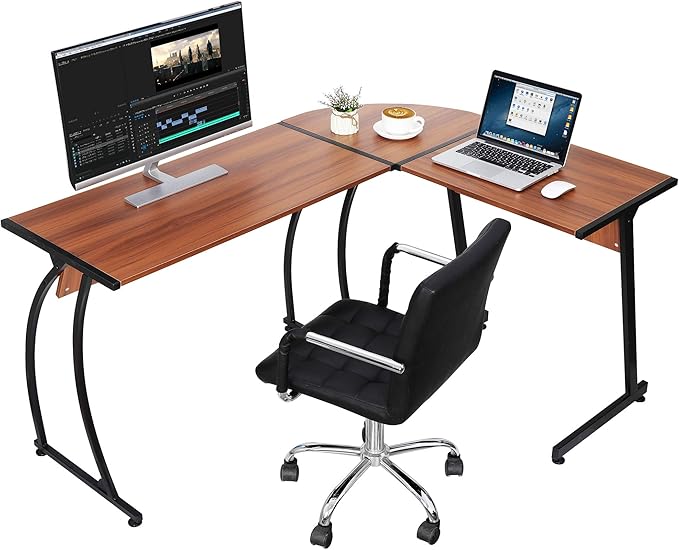 SUPER DEAL L-Shaped Corner Desk Computer Gaming Desk - 58 Inch Modern Home PC Table Office Writing Workstation, Bright Walnut