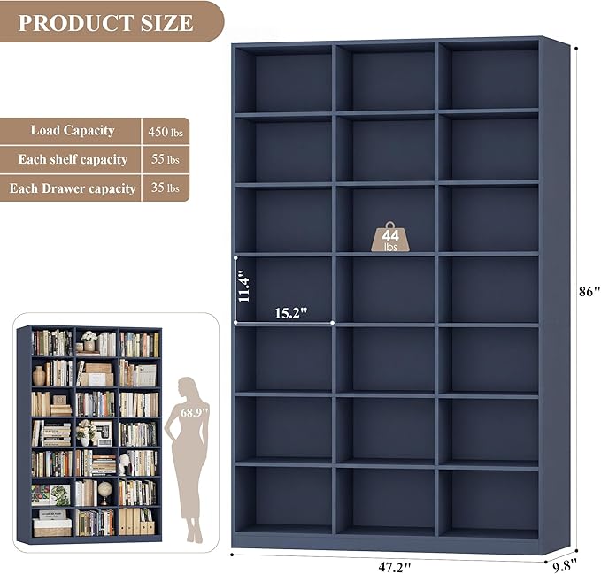 HOSTACK 86" H Triple Wide Bookshelf and Bookcase, 7 Tier Tall Bookshelf with Storage, Large Bookcase with 21 Open Display Storage Shelves, Wood Book Shelf Media CD DVD Storage for Living Room, Blue