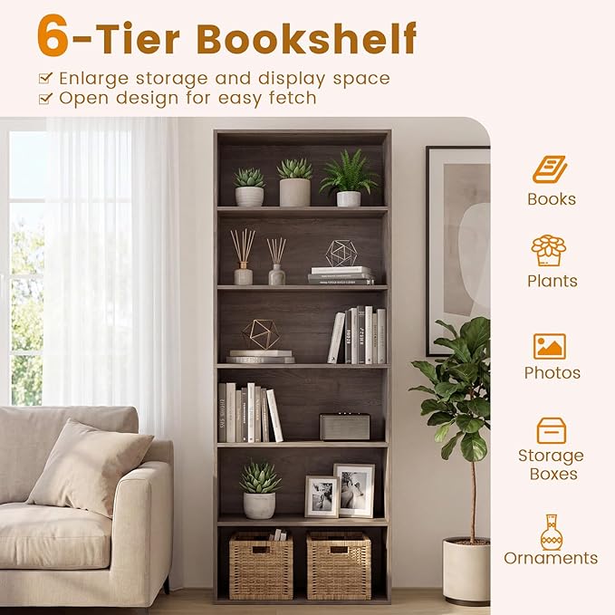 Tangkula 6-Tier Bookcase, 70” Tall Freestanding Bookshelf with 6 Open Shelves, Anti-Toppling Kits, Floor Display Storage Organizer for Living Room, Study, Kitchen, Home & Office (Gray, 70" H)