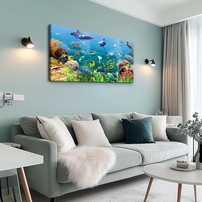 MHARTK66 Canvas Wall Art - Coral and Fish Modern Home Decor Stretched and Framed Ready to Hang Ocean Theme Sea Fish and sea Turtles Mediterranean Style Canvas Prints The living room Wall Decor