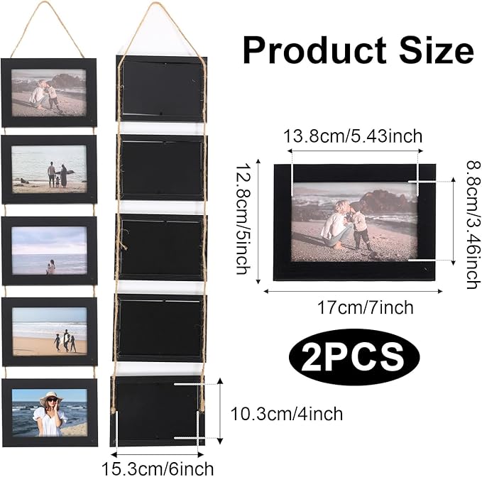 2 Pcs 4x6 Wall Hanging Picture Frames Collage with 10 Openings Picture Frame Collage With Rope - Rustic Black, Casual Style Engineered Wood Frames - Wall Mount Only