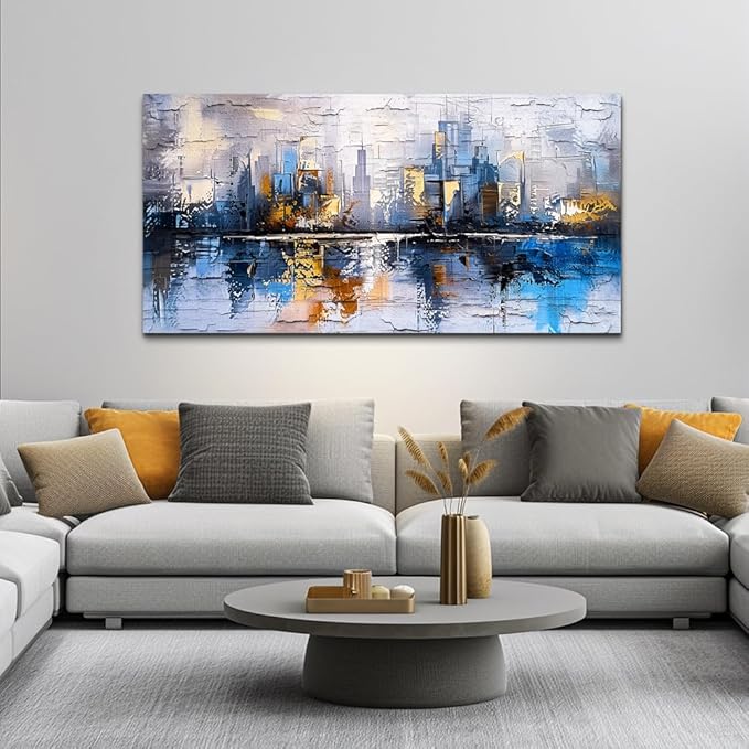 KELIYUAN Abstract City Oil Painting Large Home Decor Mural Living Room Bedroom Modern Printed Canvas Wall Art Yellow Blue Graffiti Mural Office Corridor Can Be Directly Hung Wall Decor 24 X 48 In