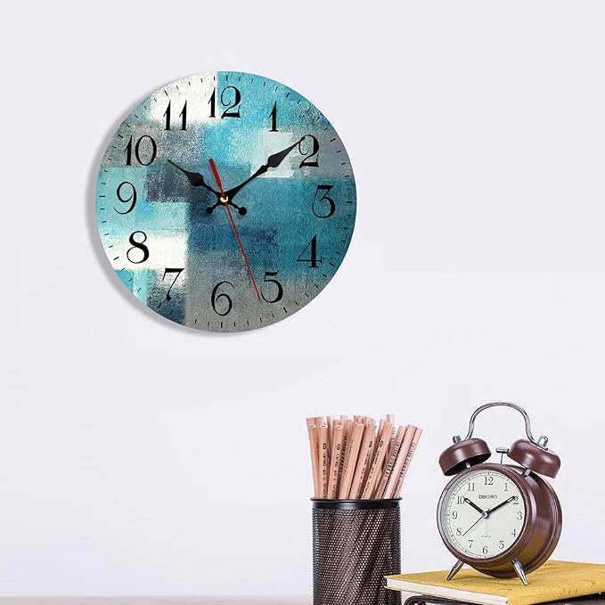 ArtSocket Turquoise Wooden Wall Clock Silent Non-Ticking, Green Blue Grey Teal Aqua Abstract Painting Gray Round Wall Clock Decor for Home Kitchen Living Room Office, Battery Operated 12 Inch