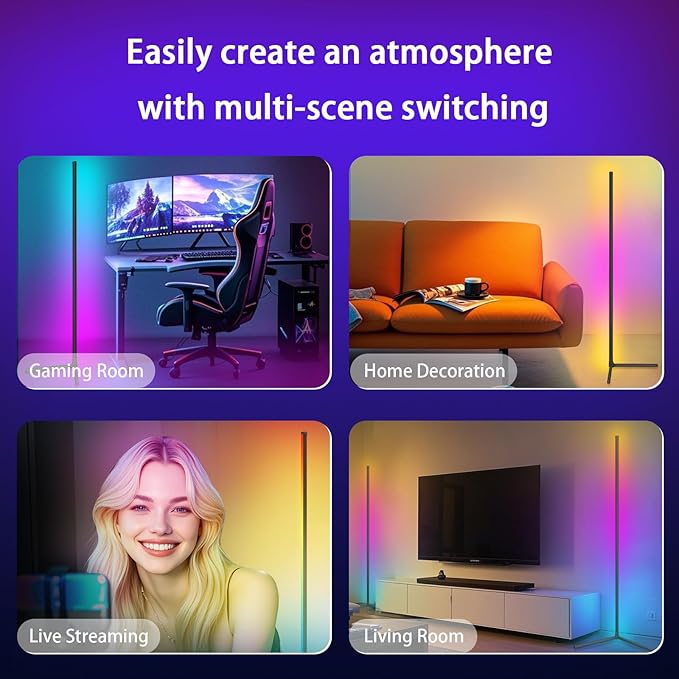 LED Corner Floor Lamp, Corner Lamp - 16 Million DIY Colors, 68+ Scenes, App & Remote Control, Smart RGBICW Corner Light with Music Sync & Timer Setting, LED Lamp for Bedroom, Living Room, Gaming Room