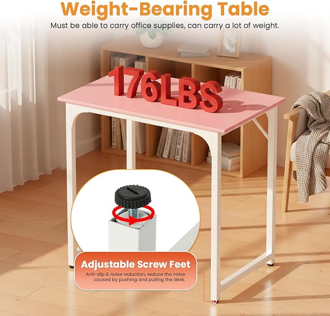 BLKMTY 32" Home Office Desk, Computer Desk Writing Wood PC Study Table Work Desks Modern Simple Style Laptop Table with Metal Frame and Smooth Tabletop for Workstation Bedroom, Pink