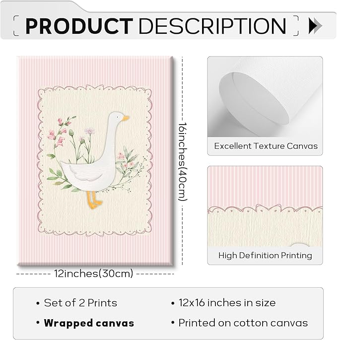 Vintage Nursery Wall Art Silly Goose Canvas Poster Pink Coquette Wall Decor Girls Room Pictures Baby Kids Poster Cute Animal Prints Floral Painting Artwork for Gallery Bedroom 12x16 Inch Ready to Hang