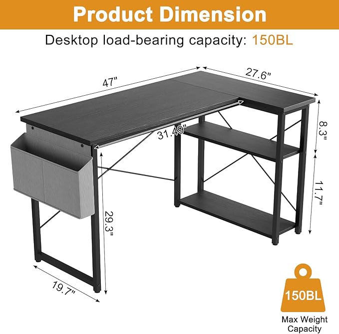 Grandder L Shaped Computer Desk with Reversible Shelves, 47 Inch Small Corner Desk with Storage Bag, Gaming Desk Computer Table Study Writing Table for Home Office Bedroom Small Space, Black