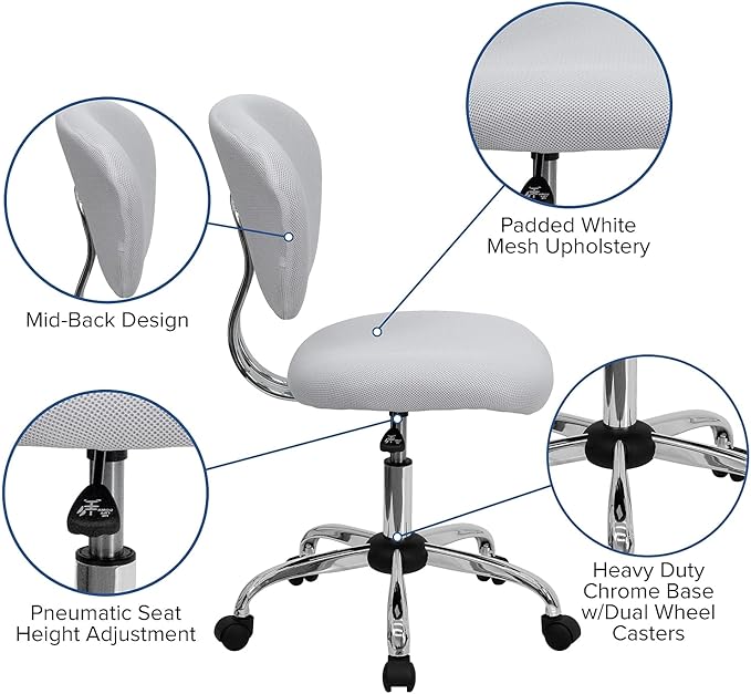 Flash Furniture Beverly Mid-Back White Mesh Padded Swivel Task Office Chair with Chrome Base