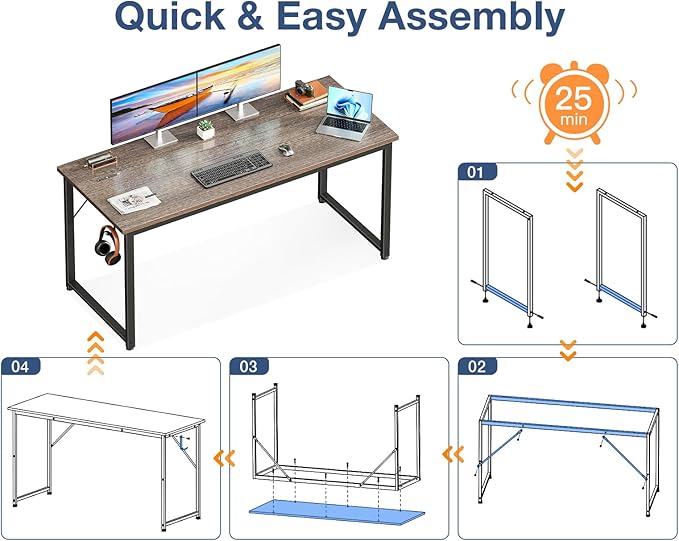 Casaottima 54 Inch Computer Desk for Home Office, Study Writing Table for Small Spaces, Simple Modern Desk with Headphone Hooks, Grey Oak