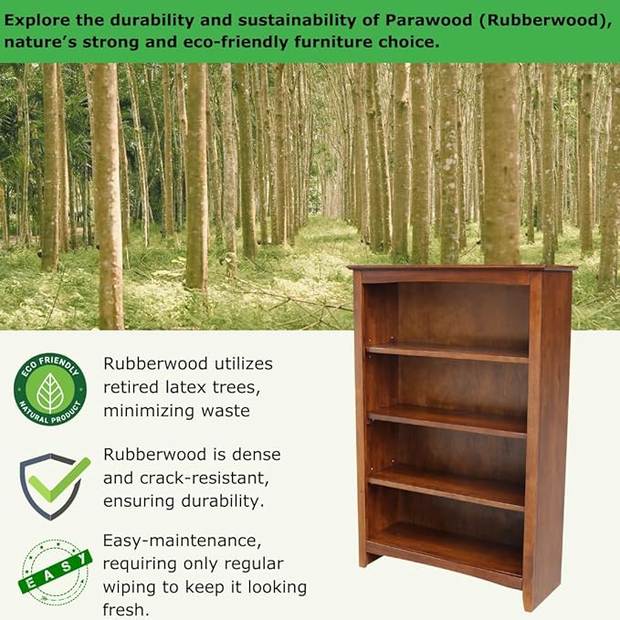 Solid Wood Bookcase 48" High, Adjustable Shelves, Parawood Construction, Easy Assembly, Kitchen/Dining Storage Furniture