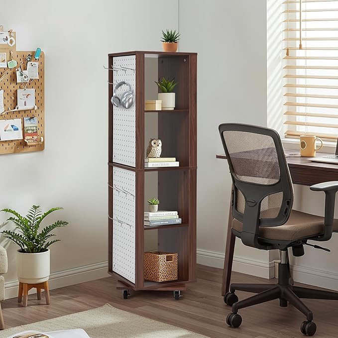 JOMEED Rotating Bookshelf Tower with Wheels, 4-Tier Corner Bookshelf with Pegboard, 360° Spinning Book Shelf Tower with Magazine Rack, Tall Bookcase, Narrow Bookcase