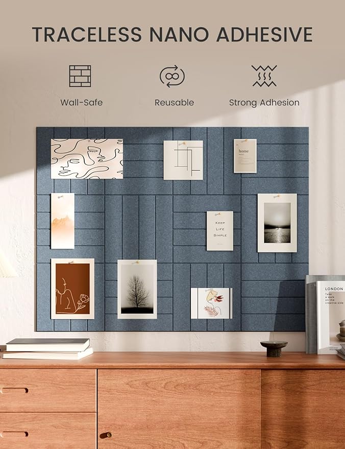 Bumusty Large Cork Board Alternative-48 x 36" Felt Bulletin Board Tiles, with 30 Pushpins, 70 Adhesive Tabs, 12-Pack Slat Wall Paneling, Cork Boards for Office Push Pin Board Felt Board-Navy Blue