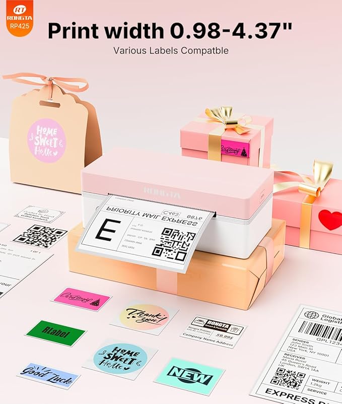 Rongta 4x6 Bluetooth Thermal Label Printer, Wireless Shipping Label Printers for Shipping Packages Small Business Office or Home, Compatible with iPhone Android iPad macOS Windows, Pink