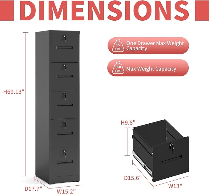 5 Drawer File Cabinet with Lock,Vertical Filing Cabinet with 5 Lockable Drawers,Black Metal File Cabinet for Home Office Steel File Cabinets for A4/Letter/Legal Size File,Assembly Required