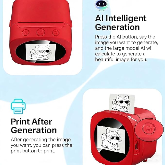 AI Sticker Box Printer, Smart AI Voice Mini Thermal Label Printer with Preview Display, Inkless Portable Sticker Maker for Home Office Study DIY Projects, 2 Paper Rolls Included (B Red)