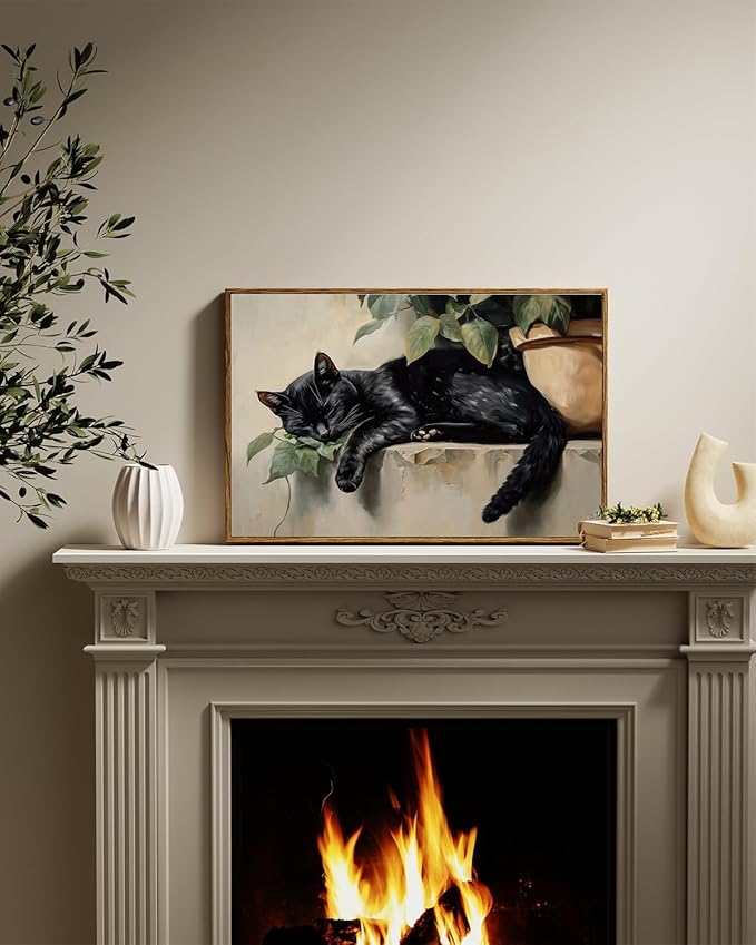 ARPEOTCY Vintage Framed Canvas Wall Art, Sleeping Black Cat Large Framed Wall Art for Living Room Bedroom, Vintage Rustic Animal Poster Prints for Bathroom Decor Aesthetic, 16x24 Inch