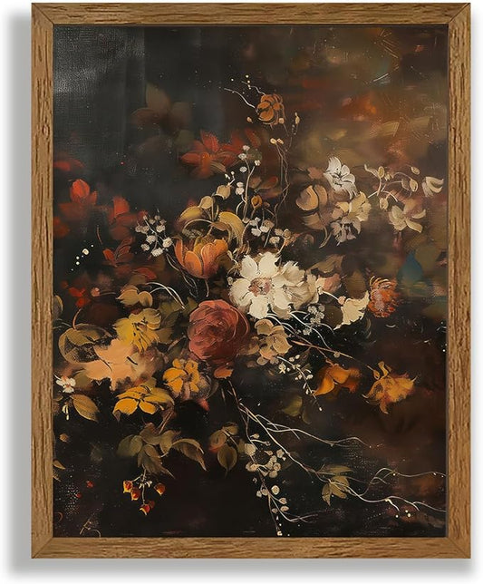 AVECCO Framed Dark Academia Vintage Flowers Canvas Wall Art, Nature Botanical Painting Wall Decor, Farmhouse Floral Plant Art Prints for Bathroom Bedroom Living Room Office Home Ready to Hang 8x10 In