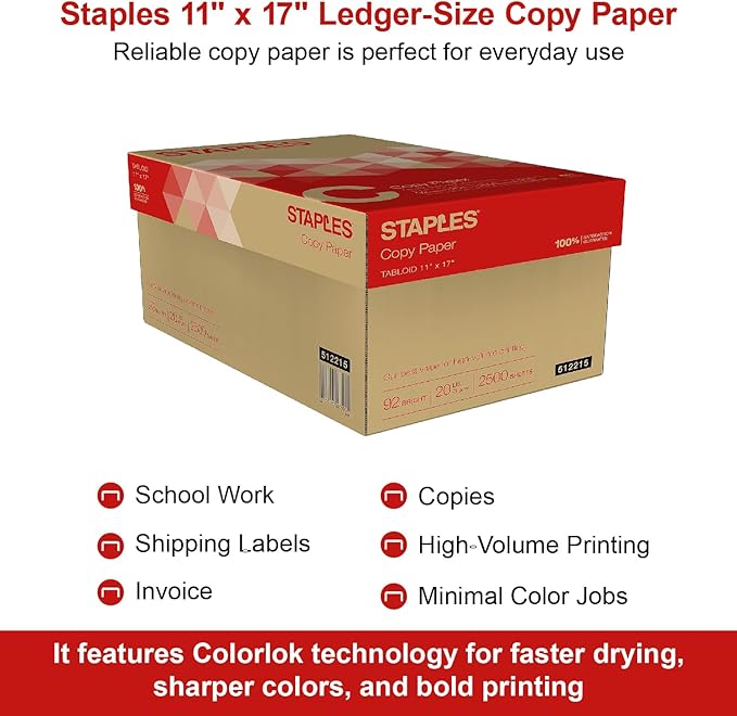 Staples Copy Paper, 11" x 17", 92 Brightness, 20 lbs., Ledger Size Paper, For Office, School & Home