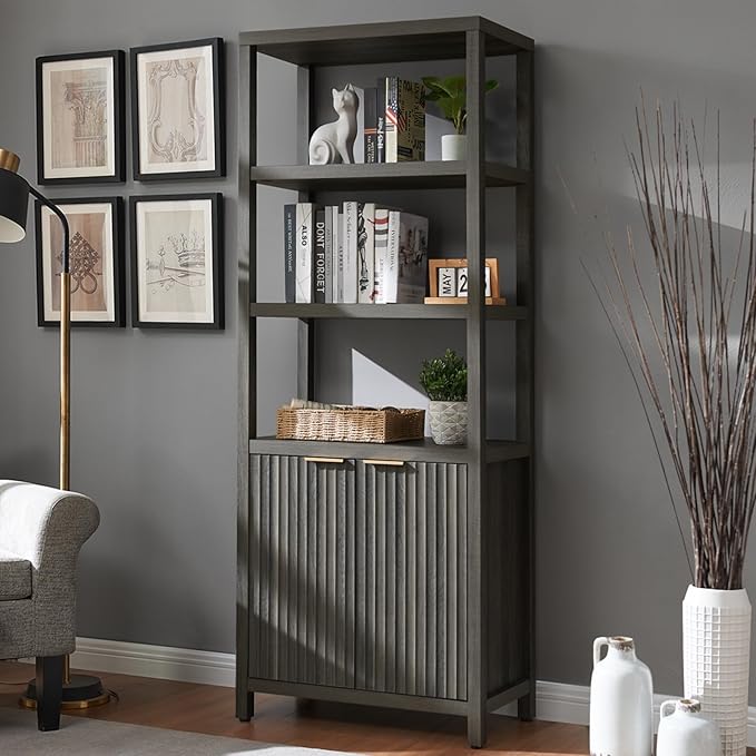 Oxford Bookshelf, Tall Book Shelf with Doors Cabinet, 5-Tier Bookcase, Wooden Bookshelves with Fluted Panel, Large Bookcases with Storage for Living Room Bedroom (Midnight Oak, 1PCS)