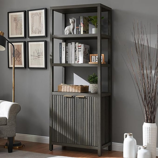 Oxford Bookshelf, Tall Book Shelf with Doors Cabinet, 5-Tier Bookcase, Wooden Bookshelves with Fluted Panel, Large Bookcases with Storage for Living Room Bedroom (Midnight Oak, 1PCS)