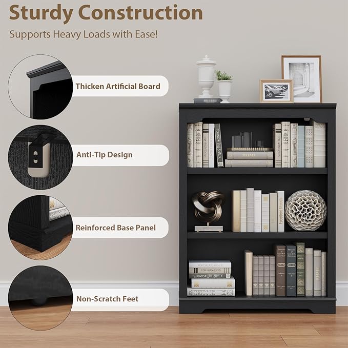 HIFYOBRO 3 Tier Bookshelf and Bookcase, 31.5" Wide Wooden Book Shelf, Freestanding Open Display Storage Bookshelves for Study Room, Home Office, Living Room