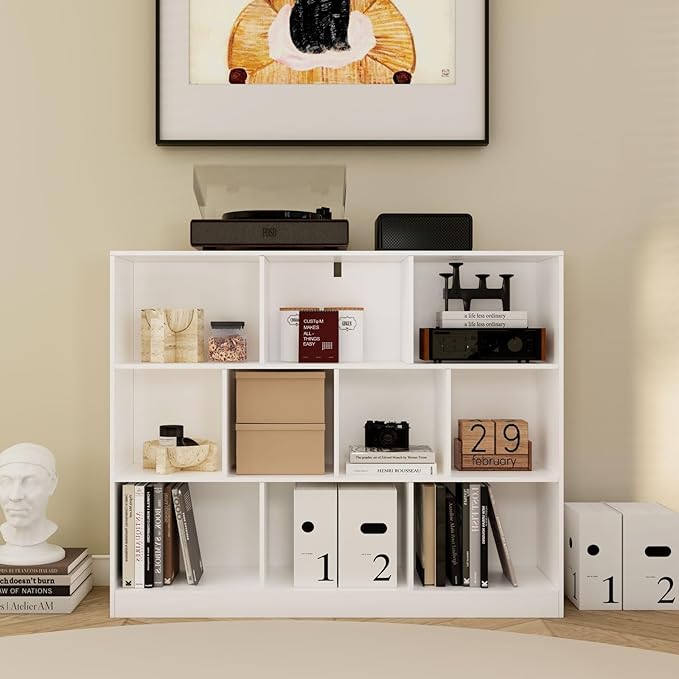 10-Cube Wooden Bookshelf with Base,3-Tier Freestanding Open Storage Organizer,Multi-Functional Bookcase for Living Room,Bedroom,Study and Office