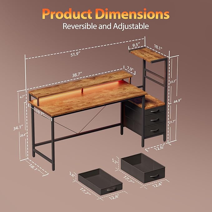 Mericonia Gaming Desk with Power Outlets & LED Lights, Reversible Computer Desk with PC Case Stand, Fabric Drawers, Modern Office Desk with Shelves, Monitor Stand