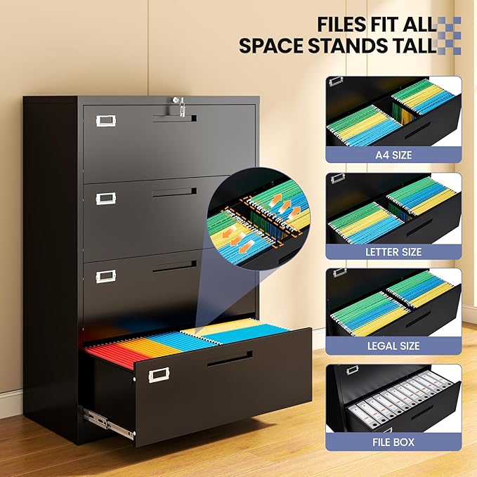 4 Drawer File Cabinet, Locking Lateral Filing Cabinet for Home Office, Black File Cabinets with Business Card Holder for Letter/Legal/F4/A4 Hanging Files