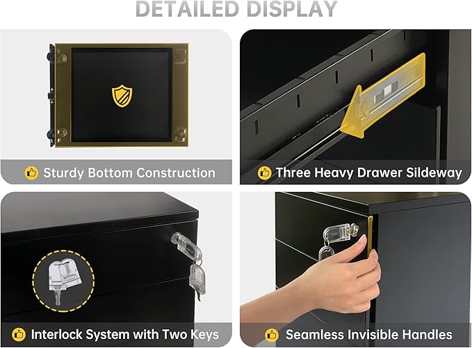 3 Drawer Locking Mobile Metal Storage, File Cabinet for Home or Office, Assembled (Except Casters), Black