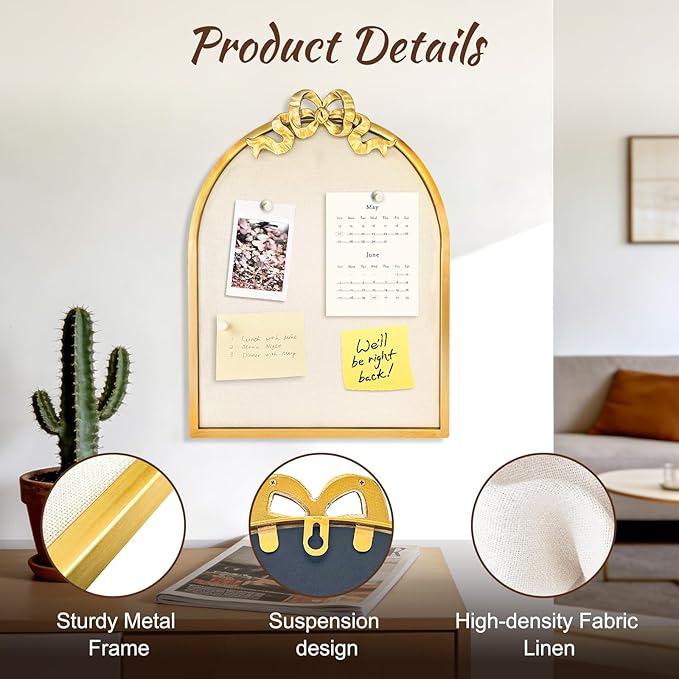 Vintage Arched Linen Cork Board with Gold Bow – Decorative Bulletin Board for Walls, Metal Frame Pin Board for Notes, Photos & Reminders, Elegant Vision Board for Home & Office 16"x21"