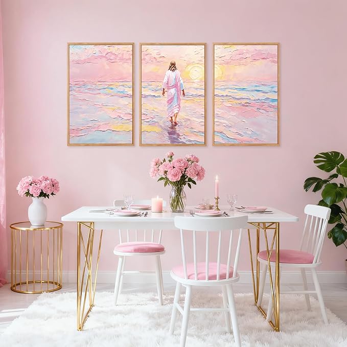 CHDITB Jesus Walking on Water Framed Canvas Wall Art(16"x24"), 3 Panels Colorful Abstract Christian Bible Story Faith LDS Artwork Prints, Large Religious Watercolor Boho Sunset Landscape Christ Gift Decor for Home Office Bedroom