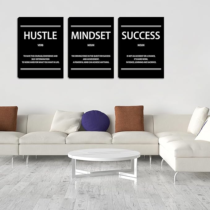 Hustle Mindset Success Wall Art, 12 x 16 Inch Motivational Canvas Wall Art for Living Room, Inspirational Quotes Painting Poster for Bedroom Classroom Meeting Room Office, Ready to Hang - 3pieces
