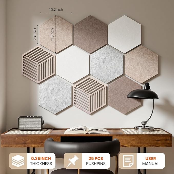 Hexagon Cork Bulletin Boards for Walls Decor, 10 Pack Felt Board Tiles with 25 Push Pins, Photo Display Board for Office & Home Classroom DIY Decor