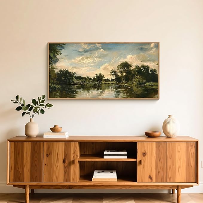 Aryroi Large Natural Forest and Lake Framed Canvas Wall Art,Modern Countryside Wall Decor,Vintage Neutral Landscape Artwork,Rustic Antique Scenery Art Print for Living Room,Bedroom,Office- 40"x20"x1