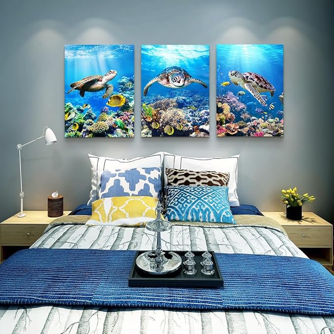 MHARTK66 Canvas Wall Decor - Modern Sea Turtle Wall Art, Ocean Pictures, 3 Piece Large Artwork for Bedroom, Living Room, Office, Bathroom